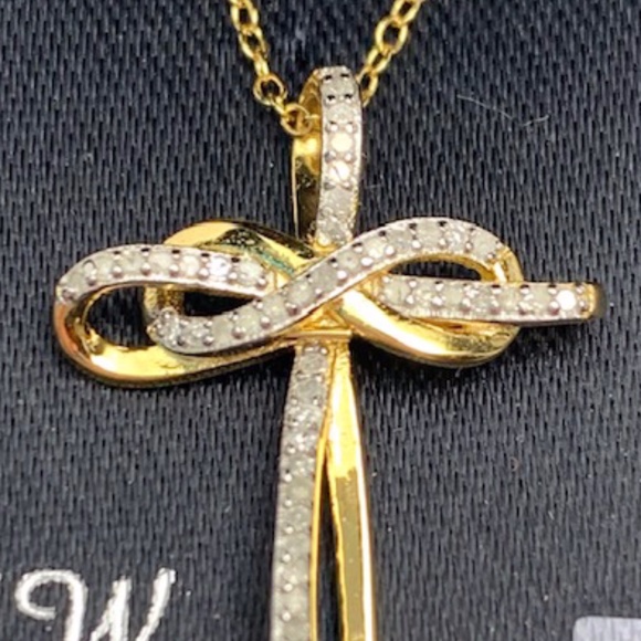 14K GOLD OVER 925 ST SILVER DIAMOND CROSS NECKLACE - Picture 10 of 10